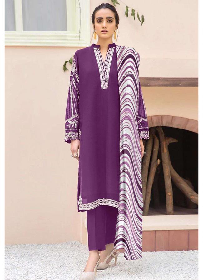 Georgette Purple Casual Wear Embroidery Work Readymade Pakistani Suit